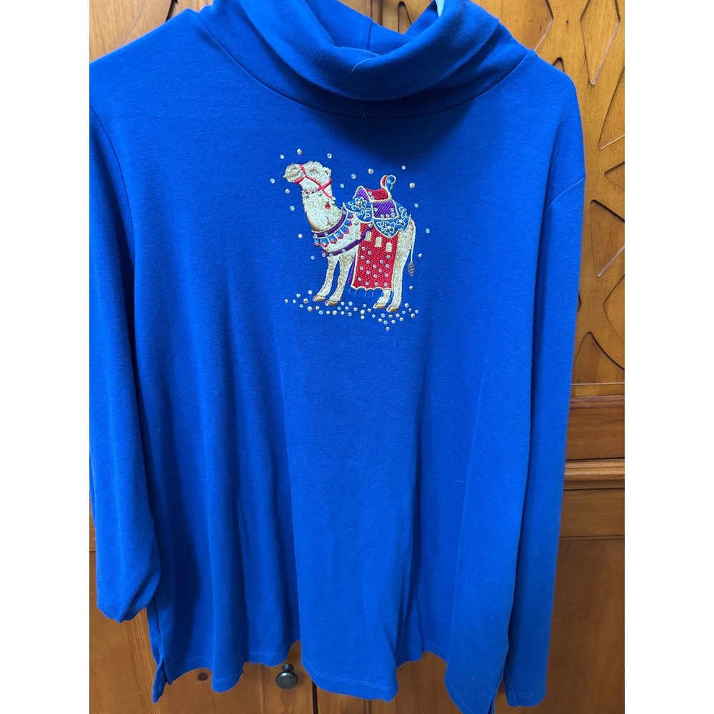 Quacker Factory Royal Blue Embroidered Camel Rhinestone Funnel Neck Top XL
